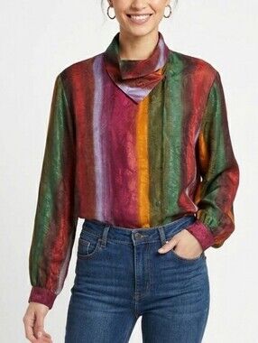 Vintage Anne Klein Colorful Striped Blouse with High Draped Neck